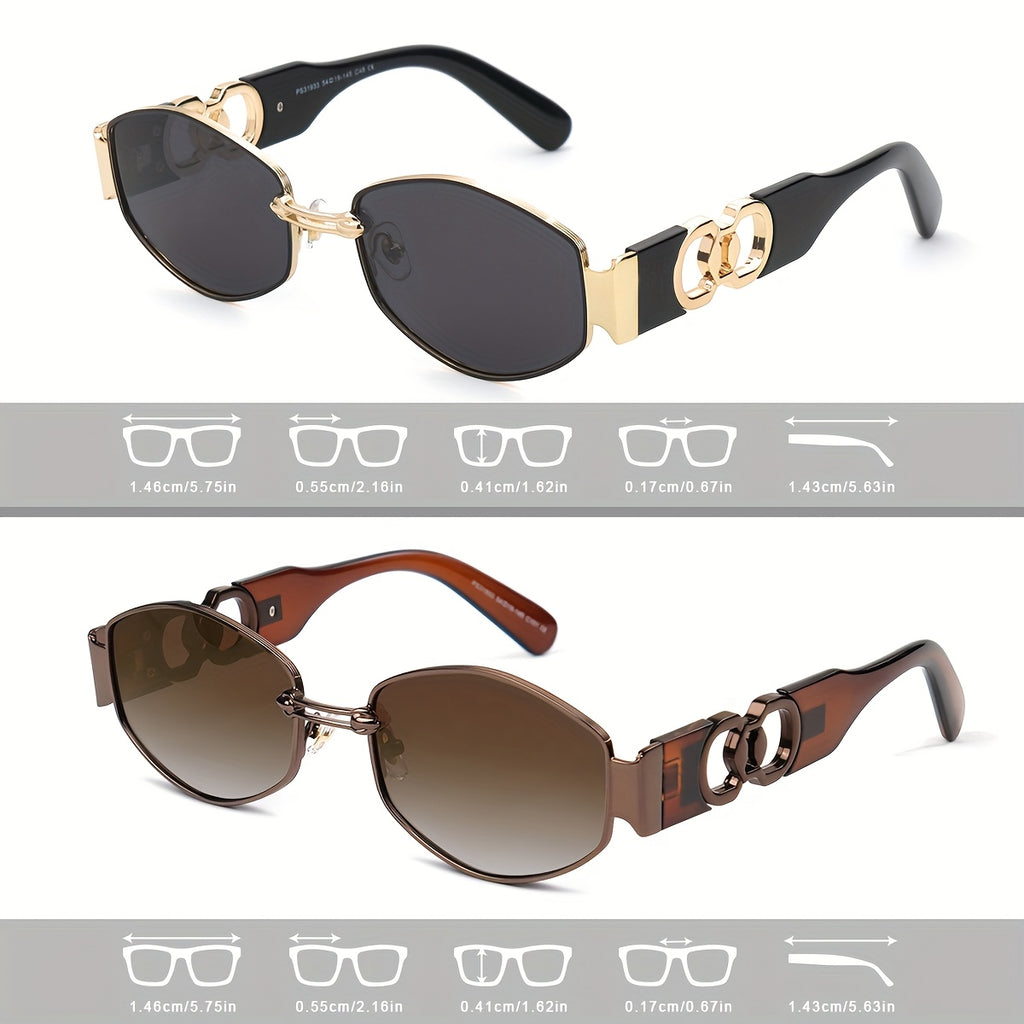 2pcs Retro Oval Unisex Fashion Sunglasses - Golden Metal Frame with Black Polarized Lenses + Brown Metal Frame with Gradient Brown Polarized Lenses - Ideal for Casual, Travel & Party - Perfect for Couples, Friends & Family
