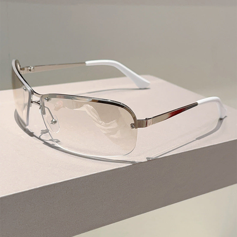 Double Beam Y2K Frameless Square Fashion Glasses - Golden-Brown Gradient Lens, Modern Minimalist Avant-Garde Eyewear for Women & Men, Everyday & Formal Events - Lightweight Futuristic Design