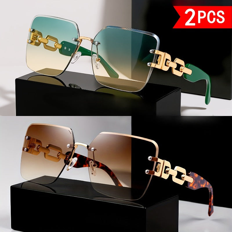 Set of 2 High-End Square Glasses for Women | Oversized Gradient Lenses, Golden Metal Chain, Includes Case And Cleaning Cloth. Essential Fashion Accessory for Driving, Holidays, And Social Gatherings
