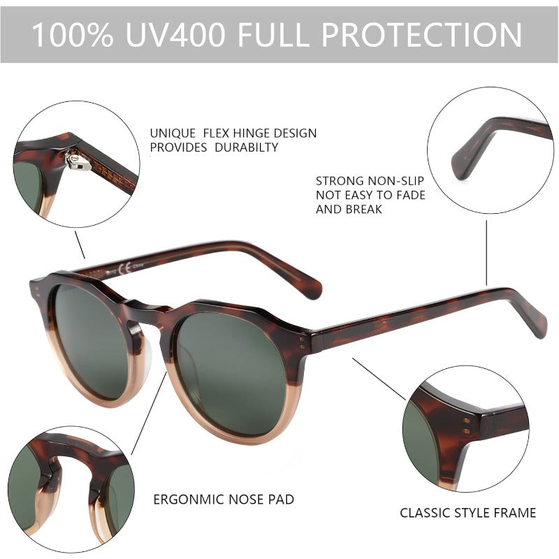 Vintage Round Polarized Fashion Glasses for Men & Women with Protection, TAC - Glasses, Wide Frame (5.43in) for outdoor, driving, Fishing, Boating - UVA\u002FUVB Blocking, Polarized for Glare & Eye