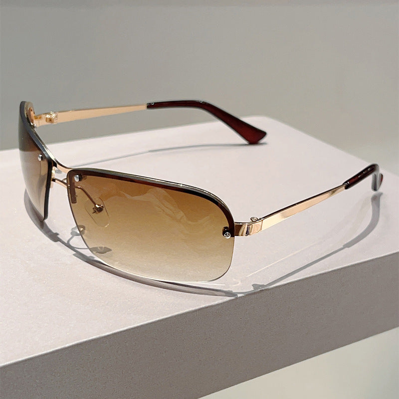 Double Beam Y2K Frameless Square Fashion Glasses - Golden-Brown Gradient Lens, Modern Minimalist Avant-Garde Eyewear for Women & Men, Everyday & Formal Events - Lightweight Futuristic Design