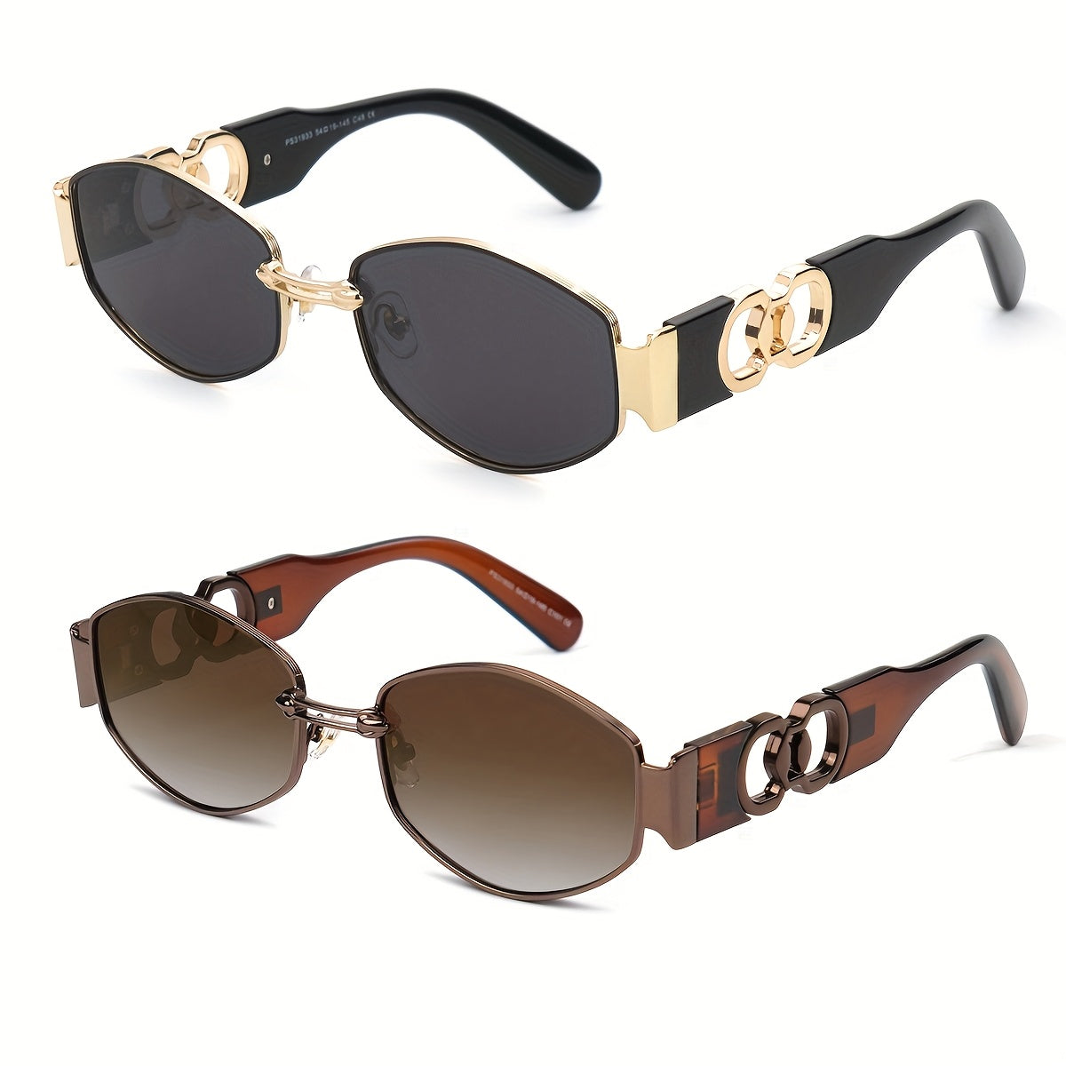 2pcs Retro Oval Unisex Fashion Sunglasses - Golden Metal Frame with Black Polarized Lenses + Brown Metal Frame with Gradient Brown Polarized Lenses - Ideal for Casual, Travel & Party - Perfect for Couples, Friends & Family