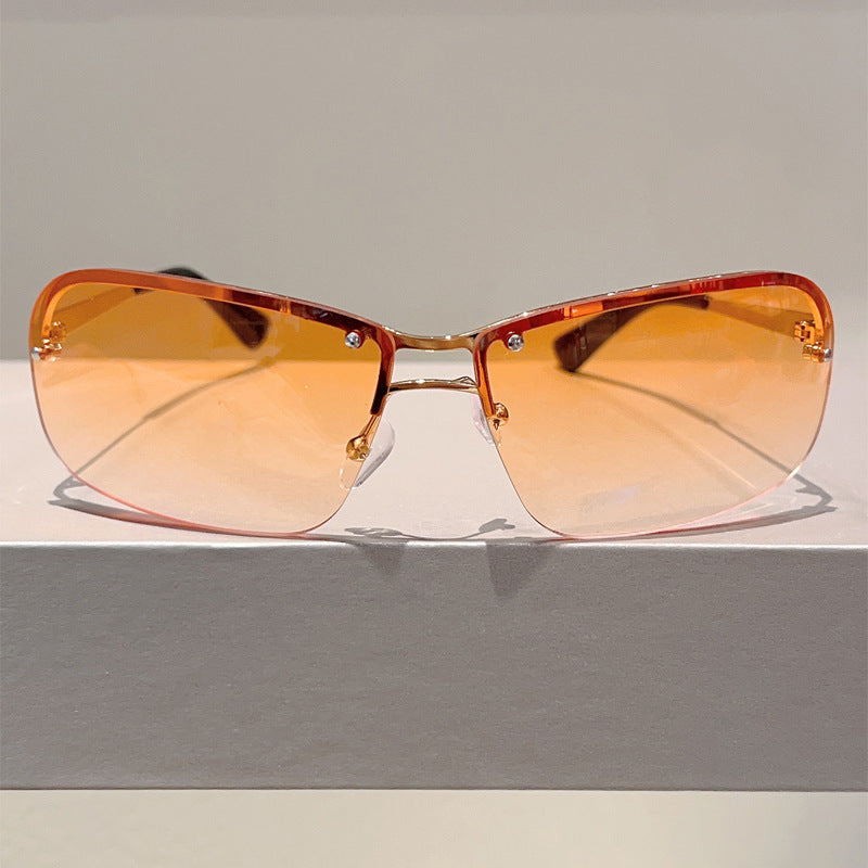 Double Beam Y2K Frameless Square Fashion Glasses - Golden-Brown Gradient Lens, Modern Minimalist Avant-Garde Eyewear for Women & Men, Everyday & Formal Events - Lightweight Futuristic Design